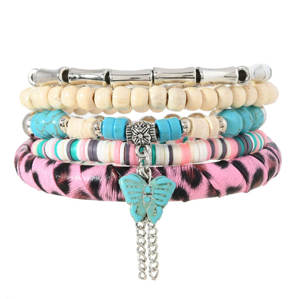 Wholesale Handmade Bohemian Style Geometric Wood Beaded Bull Head Palm Elastic Rope Bracelet Fivepiece Set Unisex - Image 7
