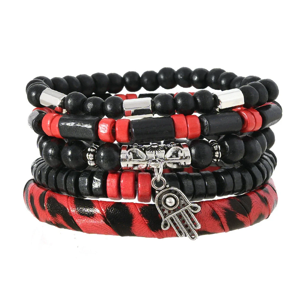 Wholesale Handmade Bohemian Style Geometric Wood Beaded Bull Head Palm Elastic Rope Bracelet Fivepiece Set Unisex - Image 8