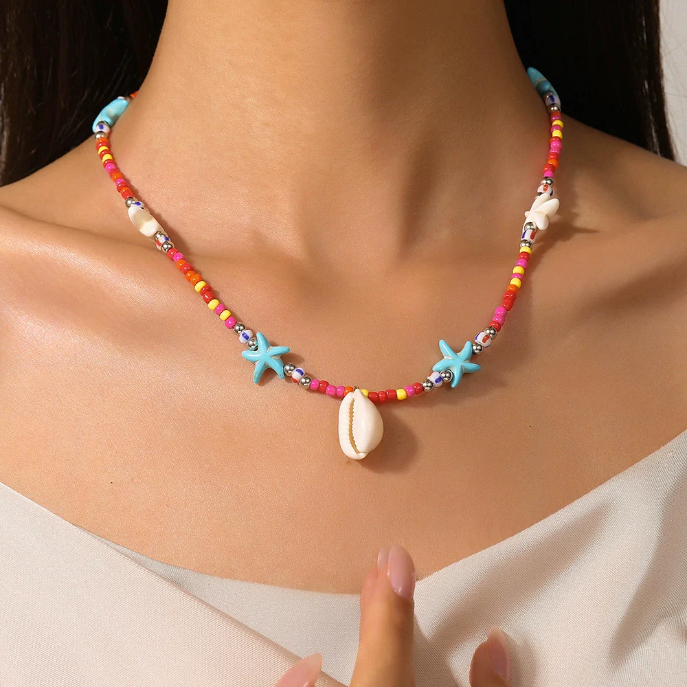 Wholesale Handmade Bohemian Style Multilayer Rice Beads And Pine Stone Geometric Type Women's Stainless Steel Pendant O Word Chain Necklace - Image 2