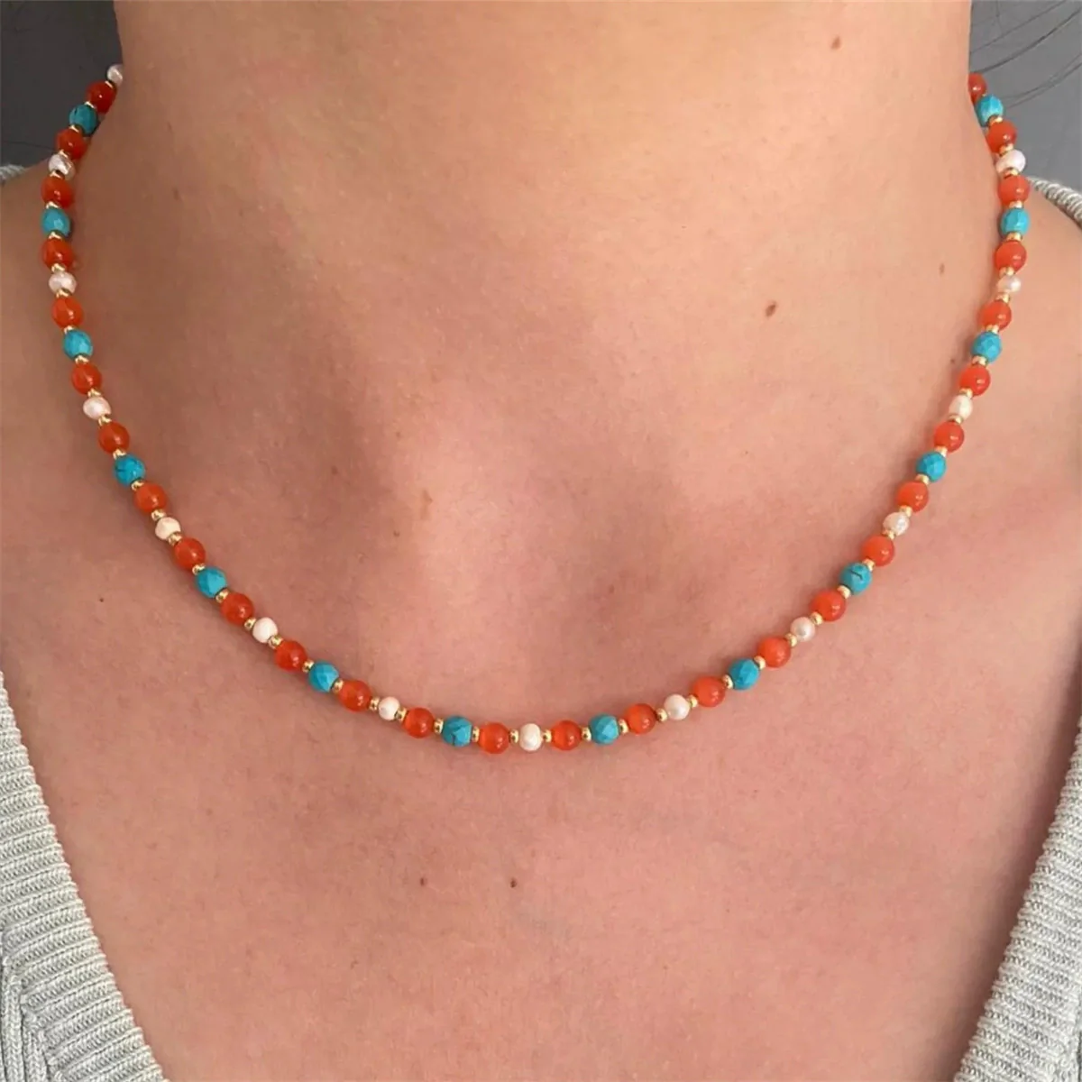 Wholesale Handmade Electroplated Beaded Necklace For Women With Insect And Geometric Patterns Copper Pendant Mixed Materials - Image 3
