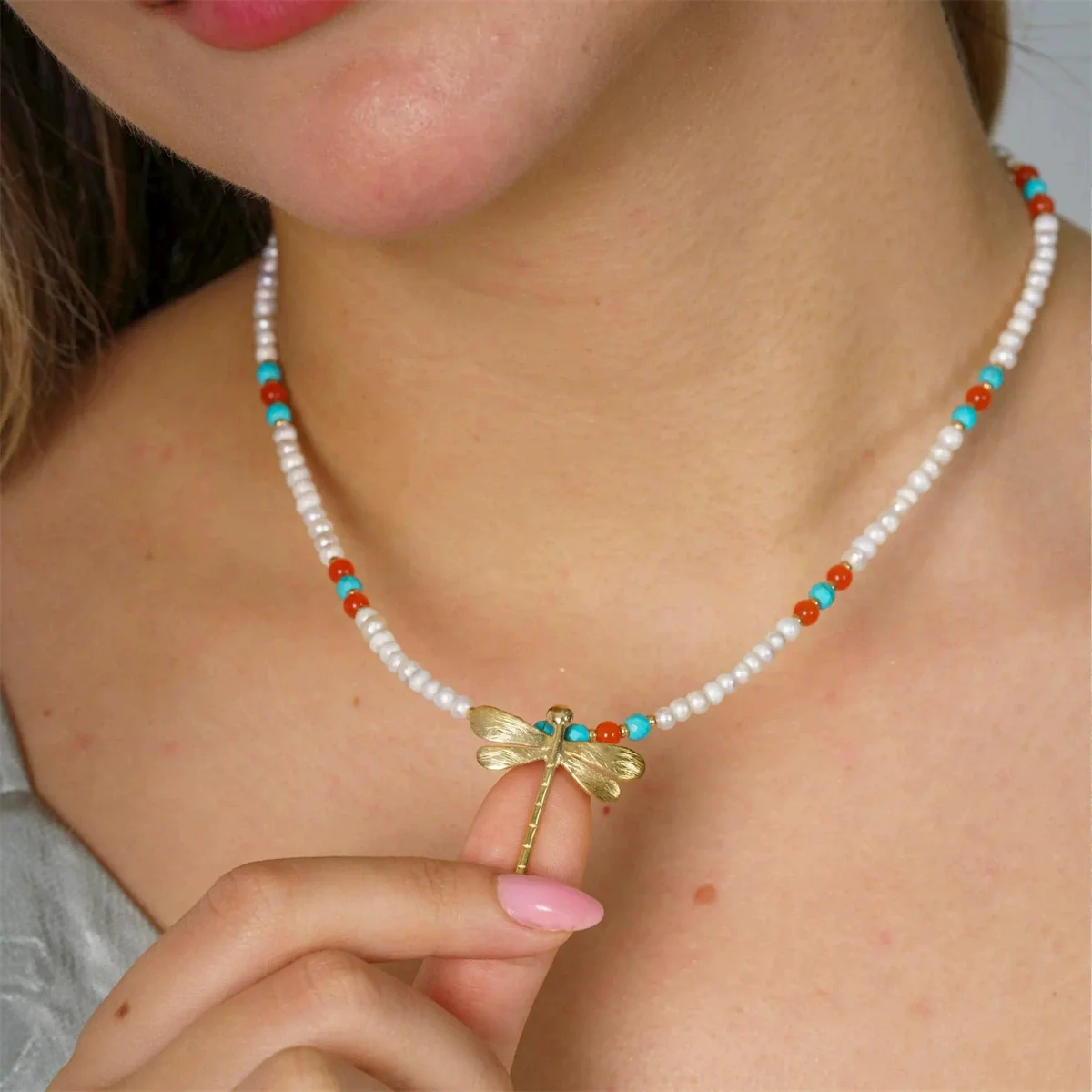Wholesale Handmade Electroplated Beaded Necklace For Women With Insect And Geometric Patterns Copper Pendant Mixed Materials - Image 4