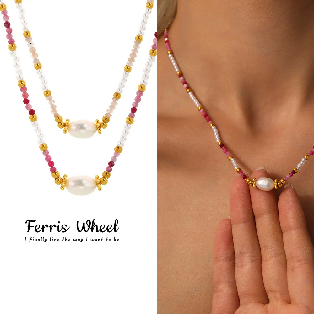 Wholesale Handmade Electroplated Geometric Stainless Steel Shell Beads Natural Stone Titanium Steel Necklace Unisex