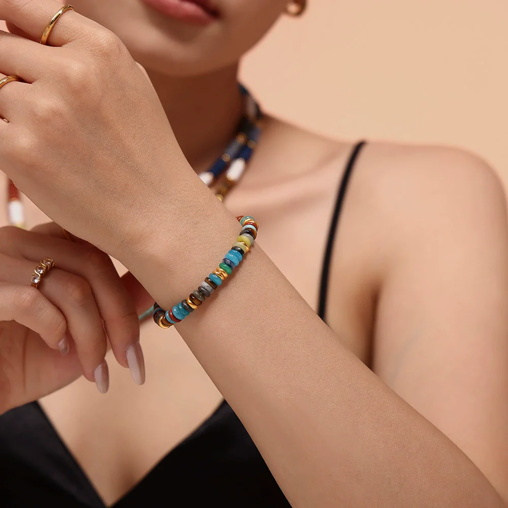 Wholesale Handmade Electroplated Stainless Steel And Natural Stone Abacus Bead Necklace And Bracelet Set For Women - Image 3