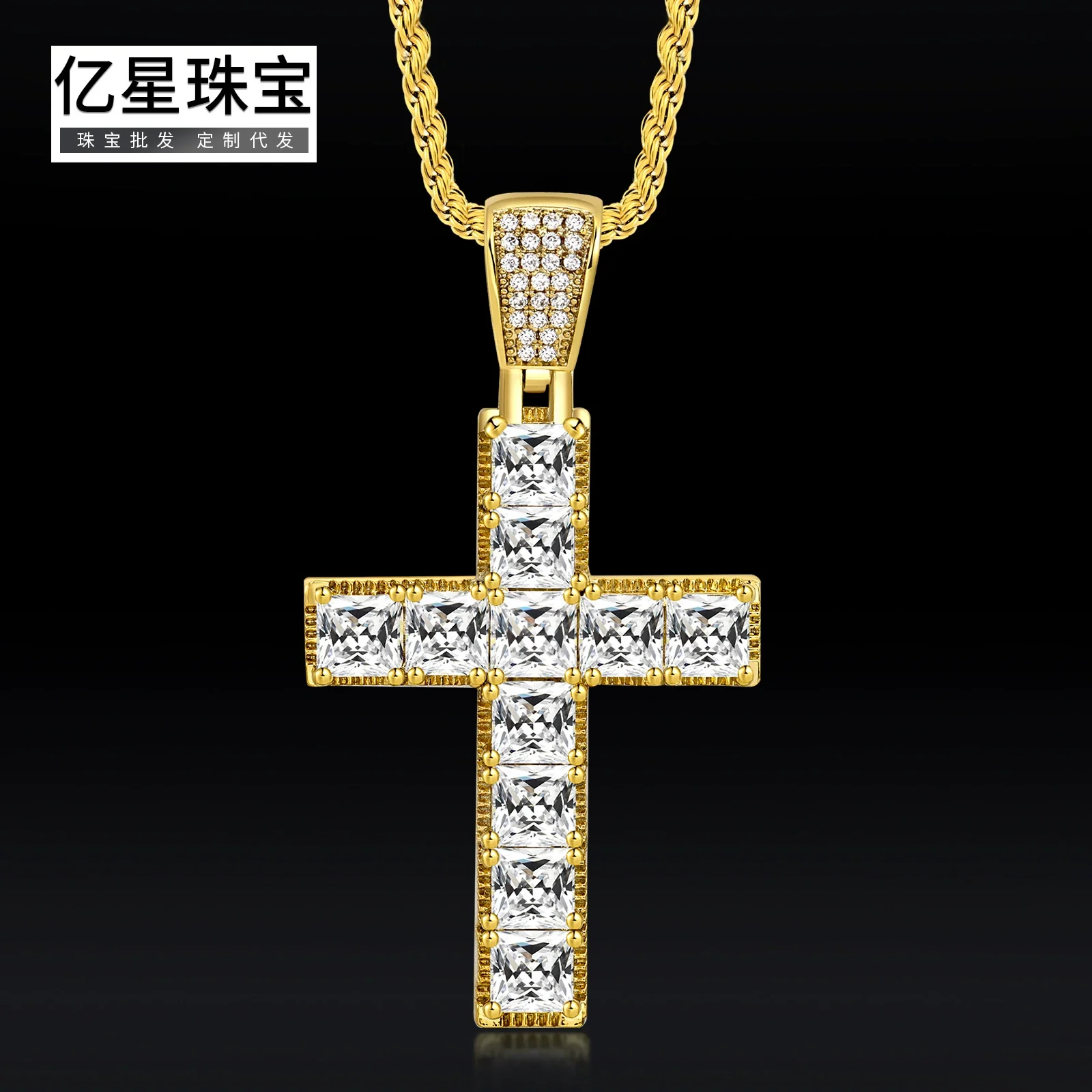 Wholesale Handmade Geometric Inlaid Zircon Copper Cross Necklace Hip Hop Jewelry - Image 2