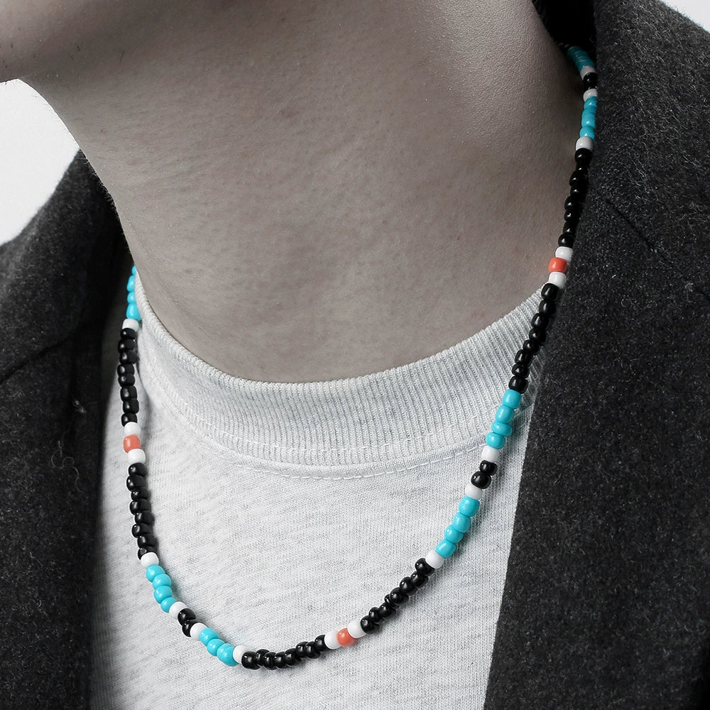 Wholesale Handmade Geometric Rice Bead And Pine Stone Stainless Steel O Shaped Chain Necklace For Men And Women