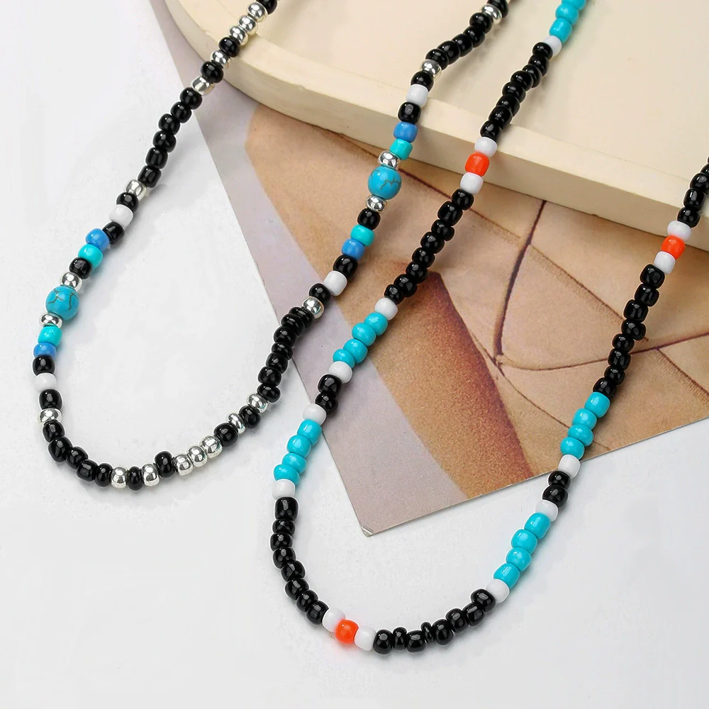 Wholesale Handmade Geometric Rice Bead And Pine Stone Stainless Steel O Shaped Chain Necklace For Men And Women - Image 2