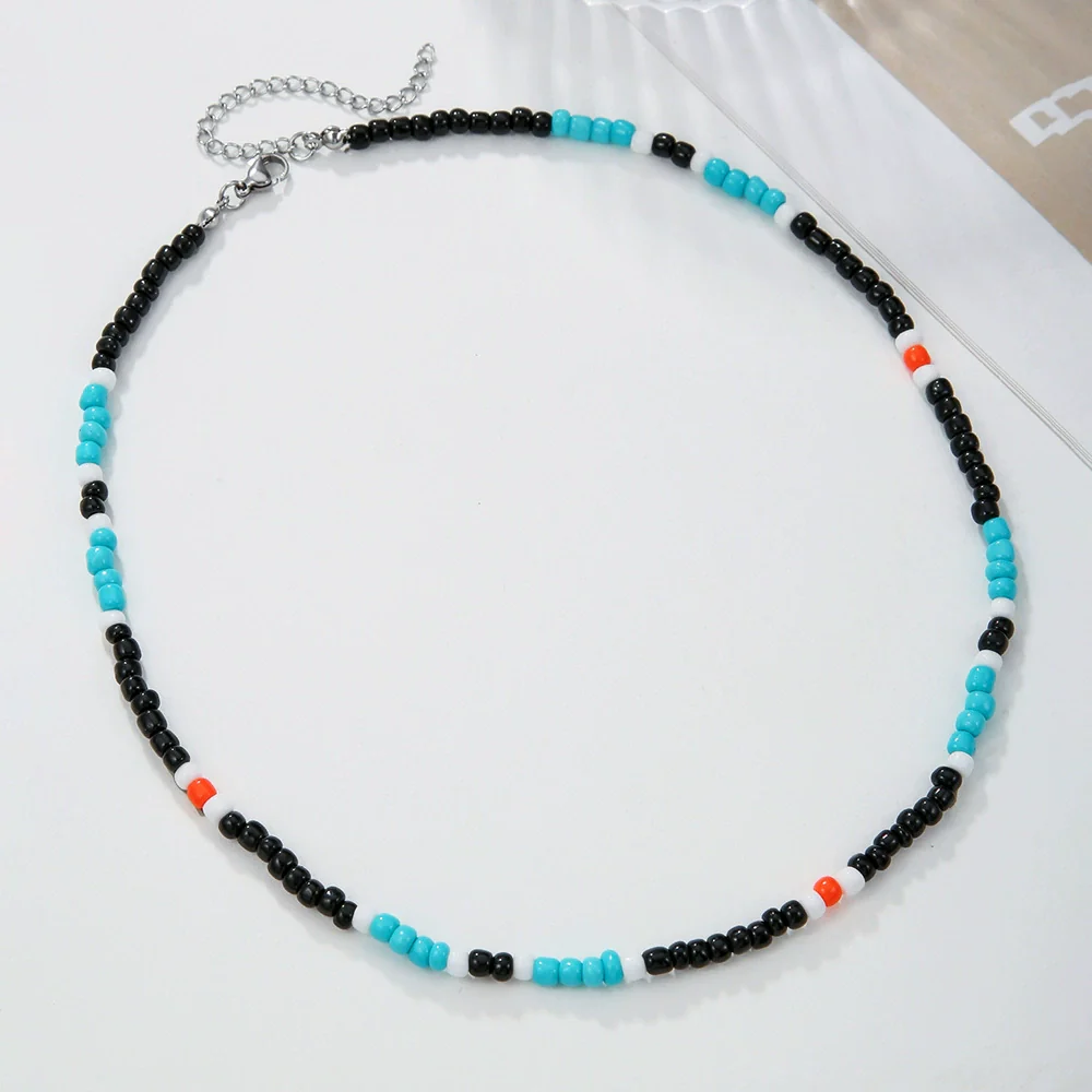 Wholesale Handmade Geometric Rice Bead And Pine Stone Stainless Steel O Shaped Chain Necklace For Men And Women - Image 3