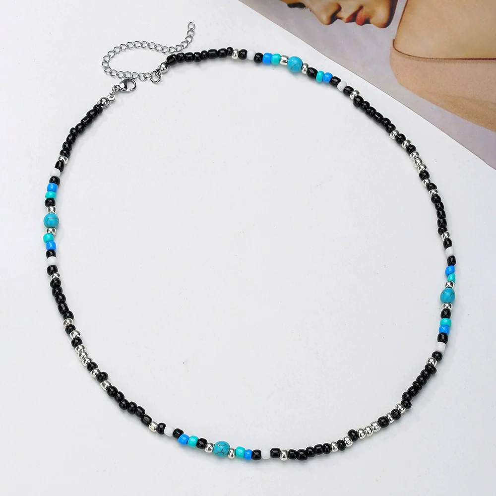 Wholesale Handmade Geometric Rice Bead And Pine Stone Stainless Steel O Shaped Chain Necklace For Men And Women - Image 4