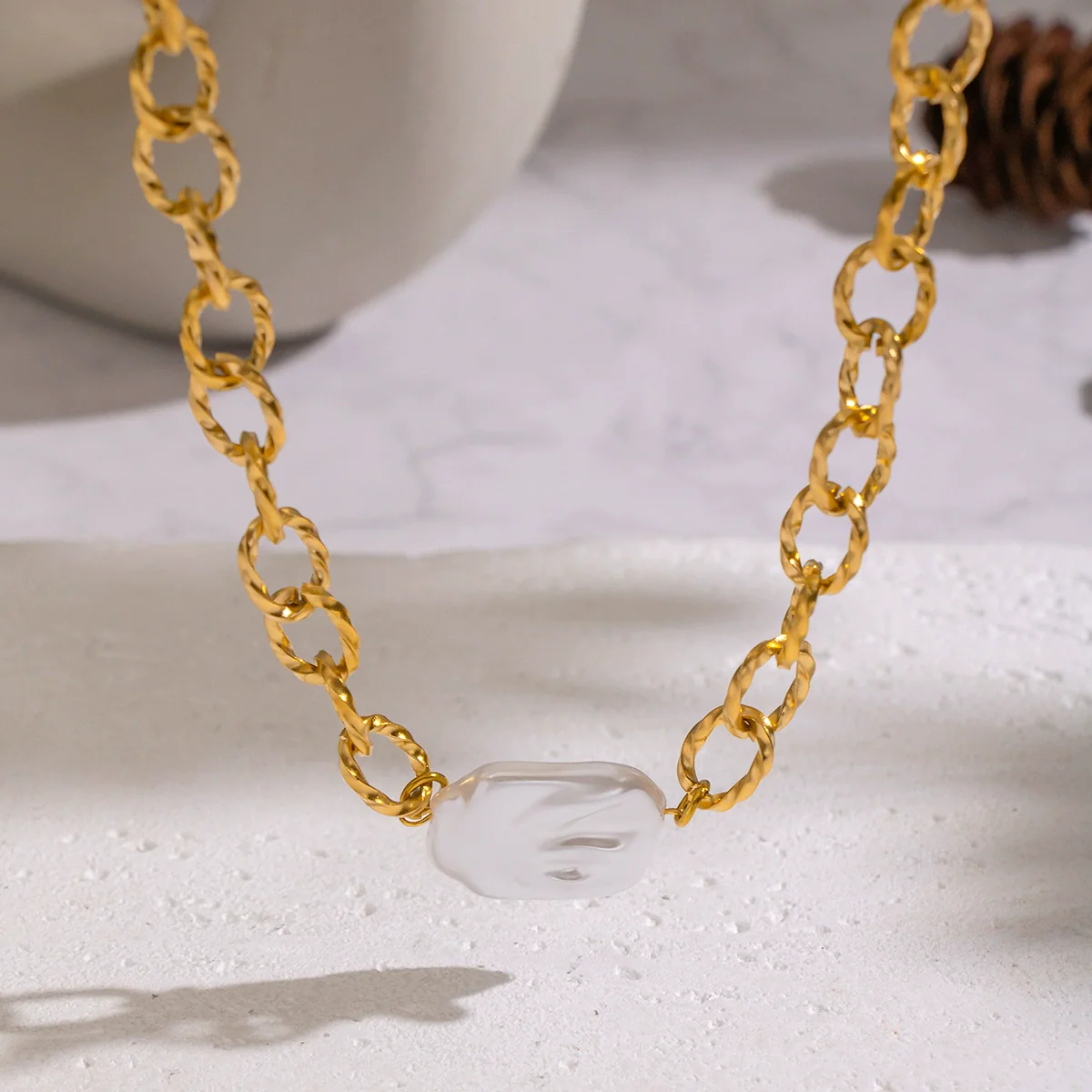 Wholesale Handmade Geometric Stainless Steel 18K Real Gold Plated Baroque Pearl Necklace For Women