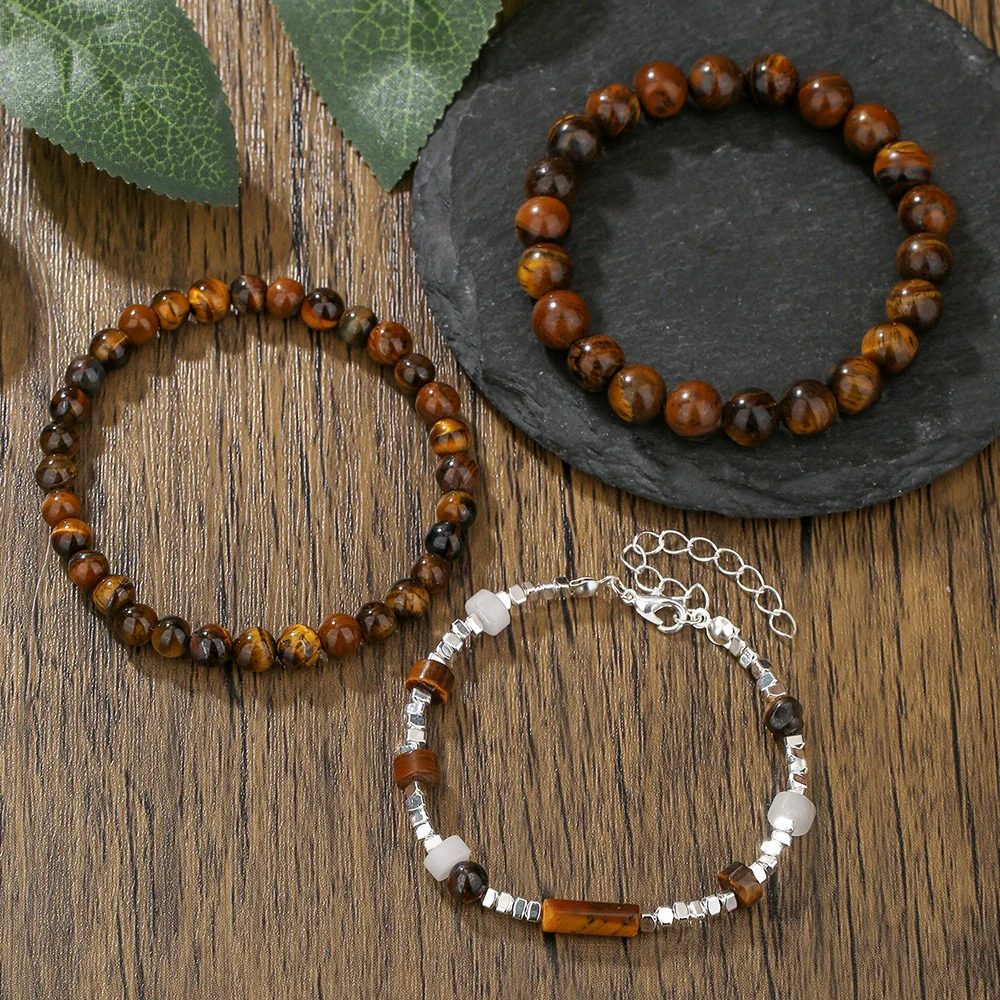 Wholesale Handmade Geometric Tiger Eye Stone And Black Gallstone Beaded Elastic Bracelet For Unisex