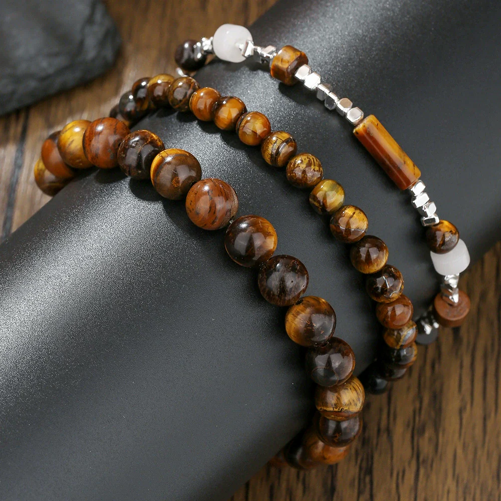 Wholesale Handmade Geometric Tiger Eye Stone And Black Gallstone Beaded Elastic Bracelet For Unisex - Image 3