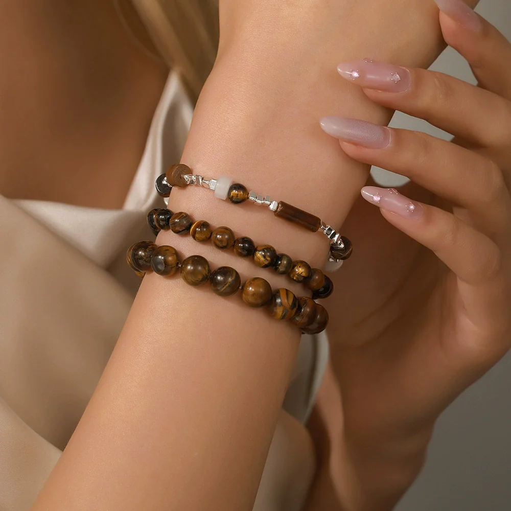 Wholesale Handmade Geometric Tiger Eye Stone And Black Gallstone Beaded Elastic Bracelet For Unisex - Image 4