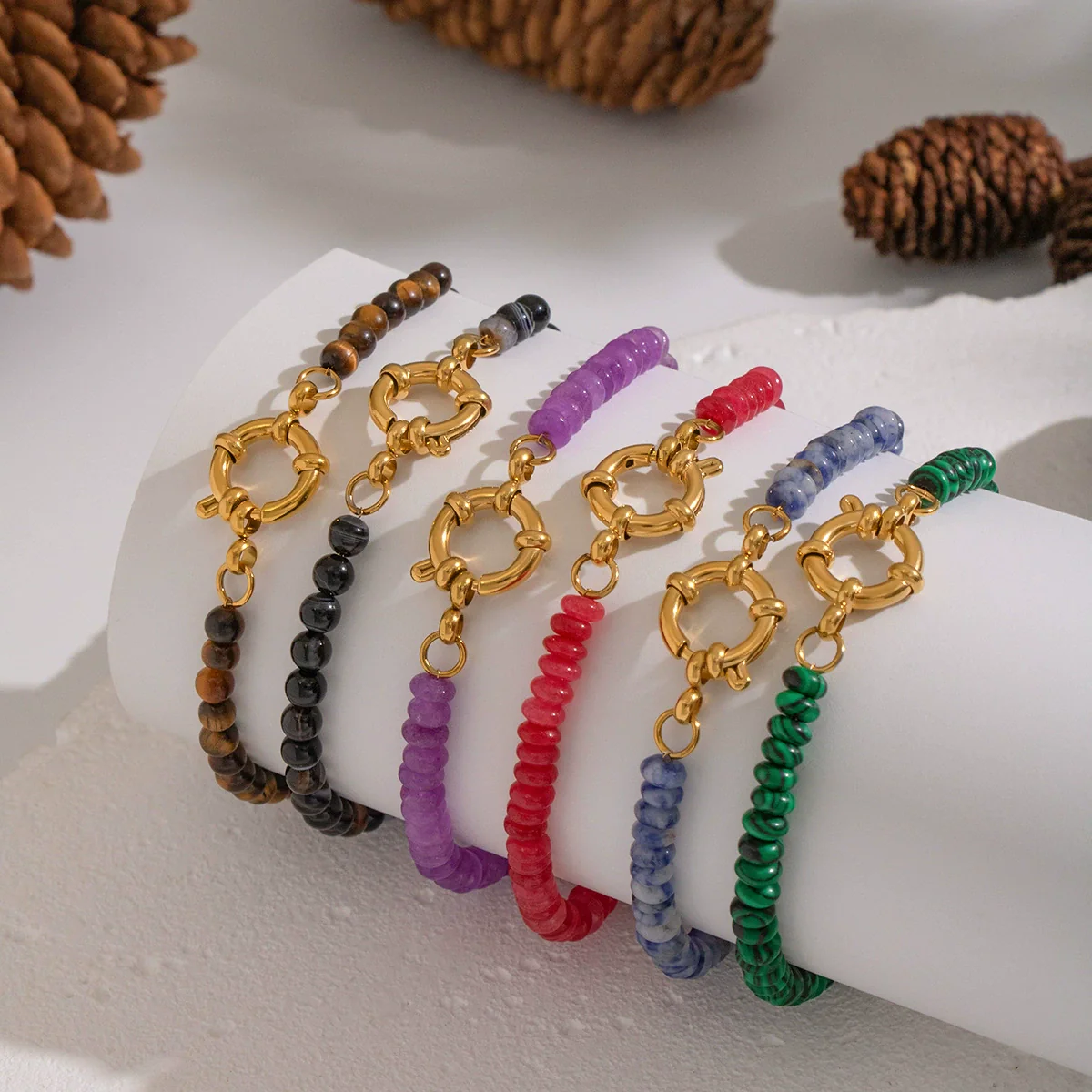 Wholesale Handmade Geometric Vintage Stainless Steel Real Gold Plated Malachite Tiger Eye Stone Beaded Bracelet For Women