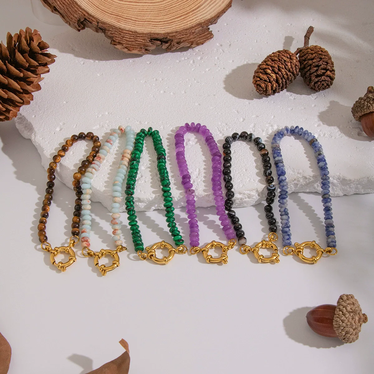 Wholesale Handmade Geometric Vintage Stainless Steel Real Gold Plated Malachite Tiger Eye Stone Beaded Bracelet For Women - Image 2