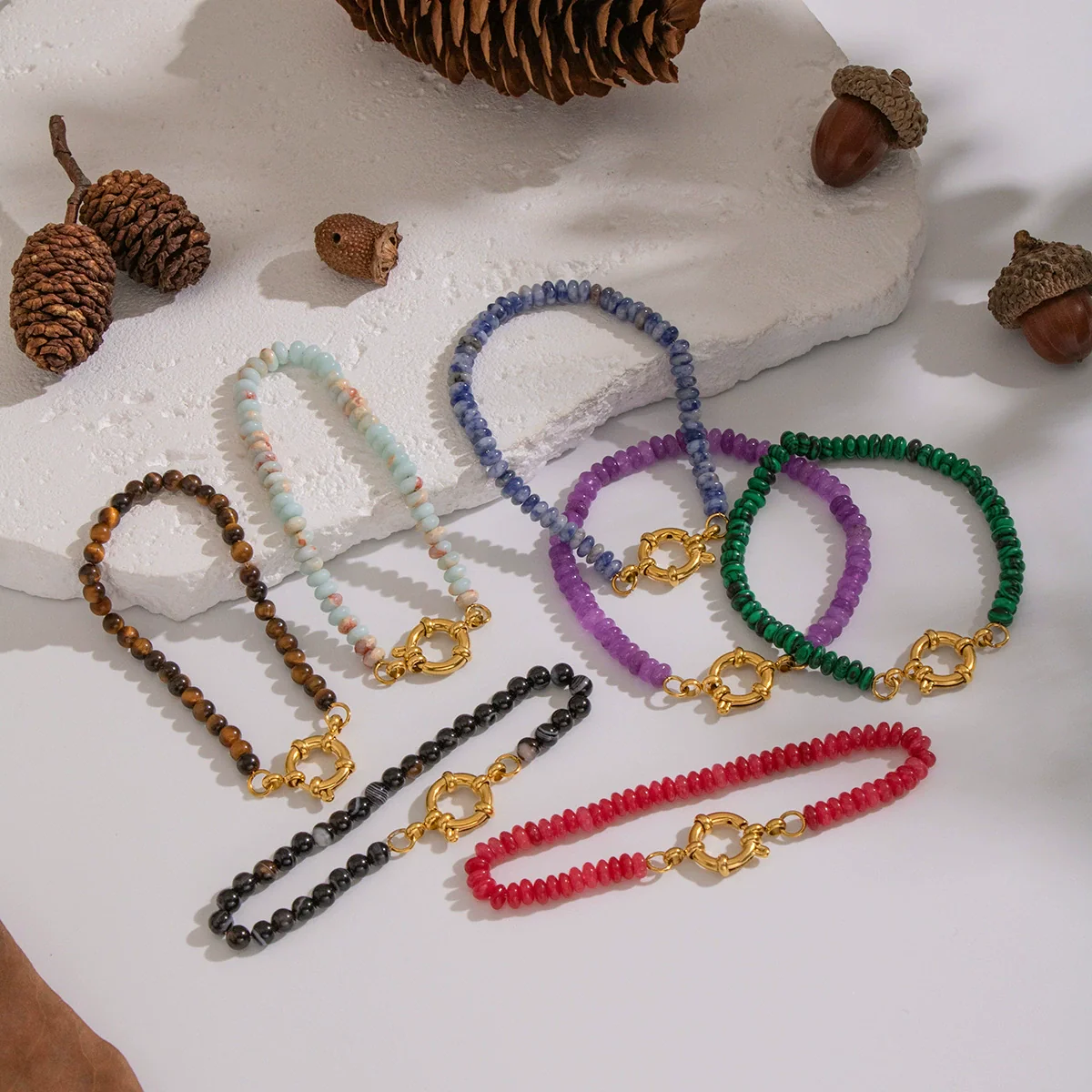 Wholesale Handmade Geometric Vintage Stainless Steel Real Gold Plated Malachite Tiger Eye Stone Beaded Bracelet For Women - Image 3