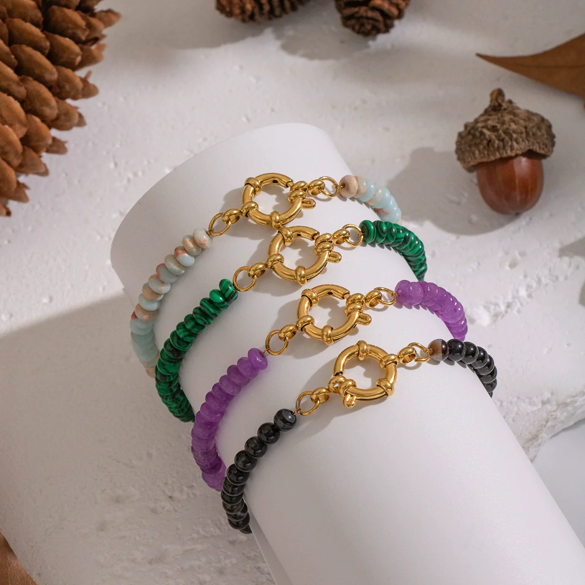Wholesale Handmade Geometric Vintage Stainless Steel Real Gold Plated Malachite Tiger Eye Stone Beaded Bracelet For Women - Image 4