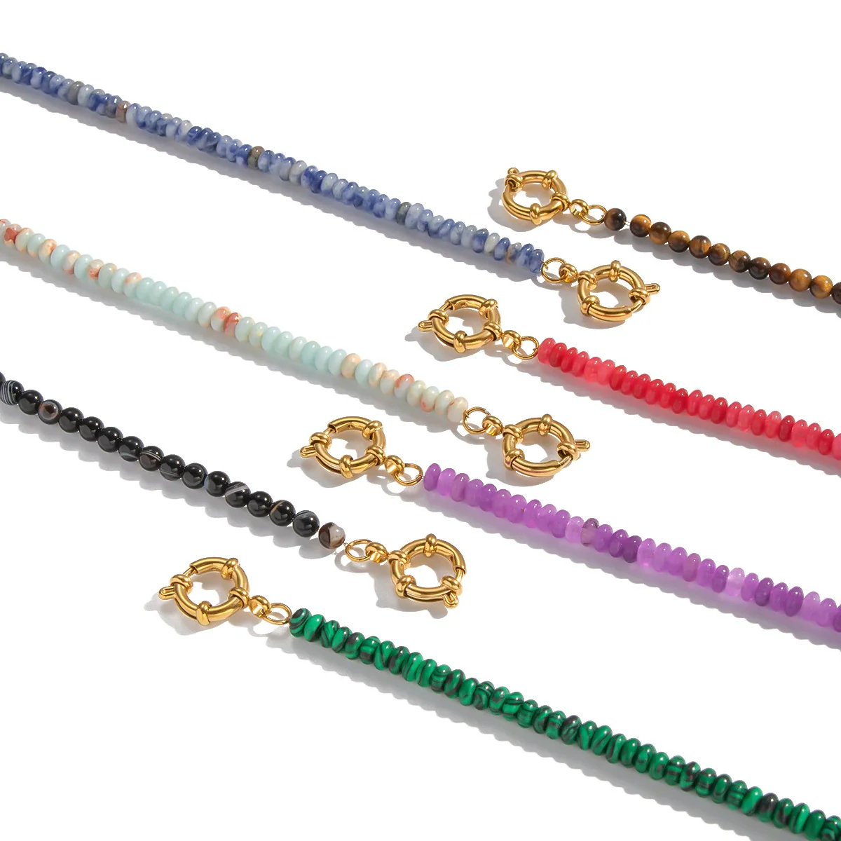 Wholesale Handmade Geometric Vintage Stainless Steel Real Gold Plated Malachite Tiger Eye Stone Beaded Bracelet For Women - Image 5
