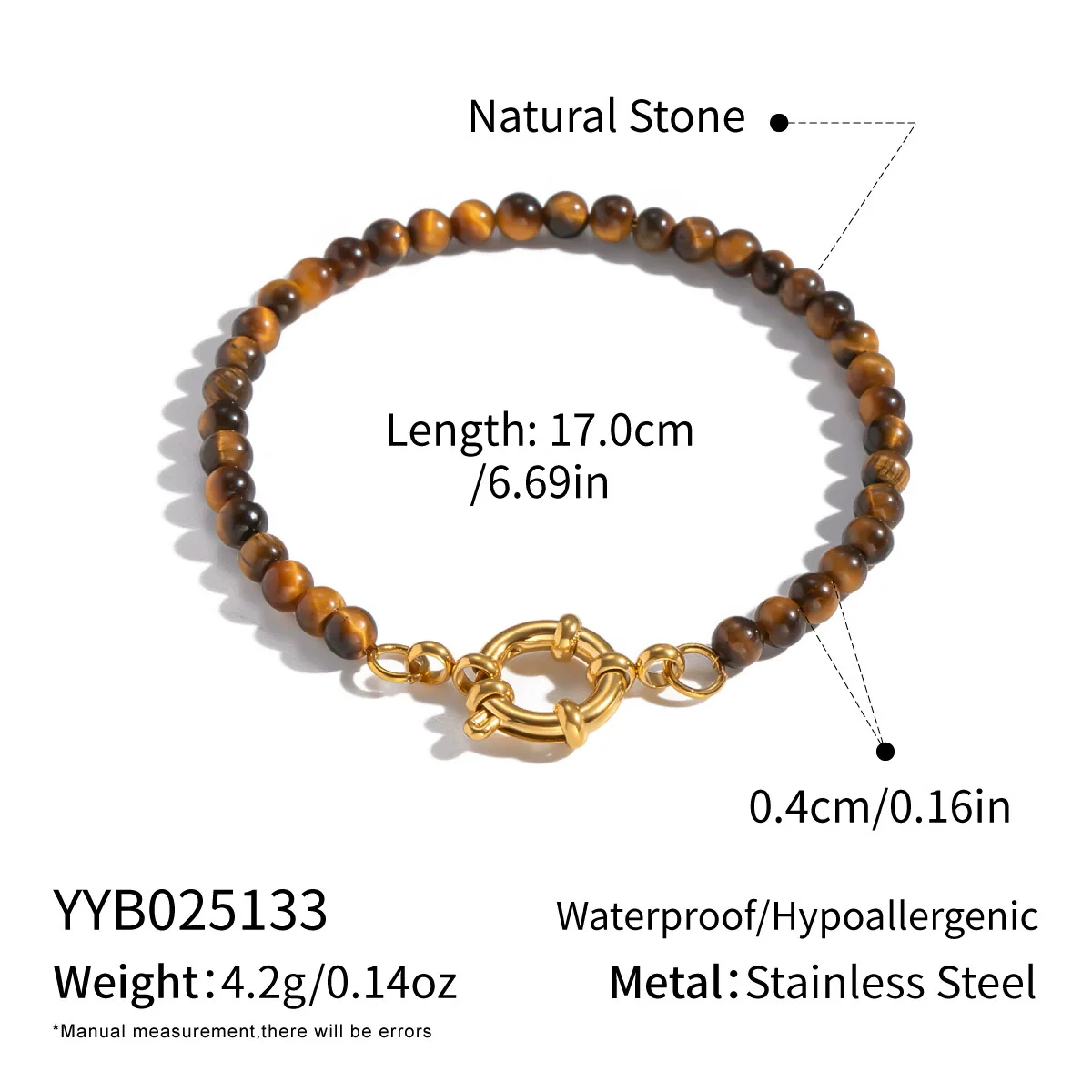 Wholesale Handmade Geometric Vintage Stainless Steel Real Gold Plated Malachite Tiger Eye Stone Beaded Bracelet For Women - Image 6