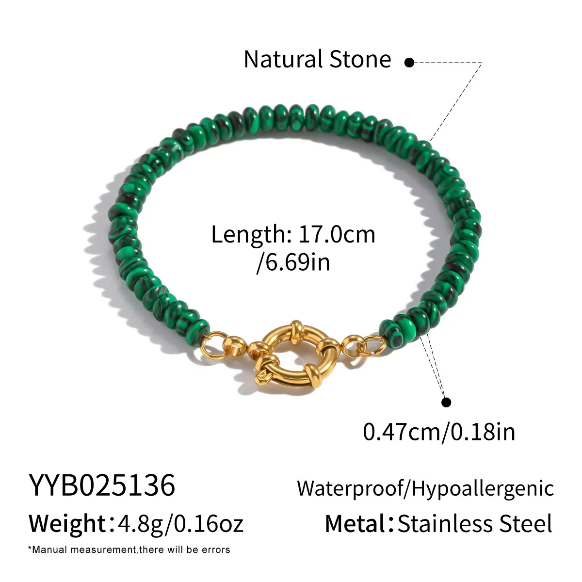 Wholesale Handmade Geometric Vintage Stainless Steel Real Gold Plated Malachite Tiger Eye Stone Beaded Bracelet For Women - Image 9