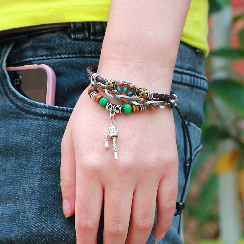 Wholesale Handmade Leather Rope Woven Bracelet Jewelry Geometric Rivets Unisex - Image 2