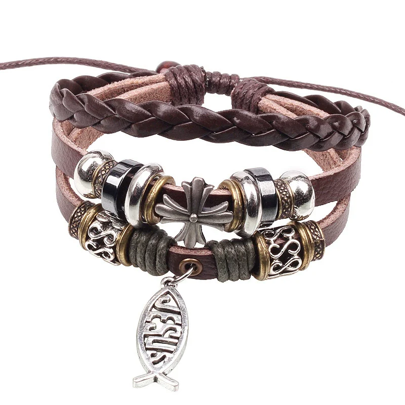 Wholesale Handmade Leather Rope Woven Bracelet Jewelry Geometric Rivets Unisex - Image 3