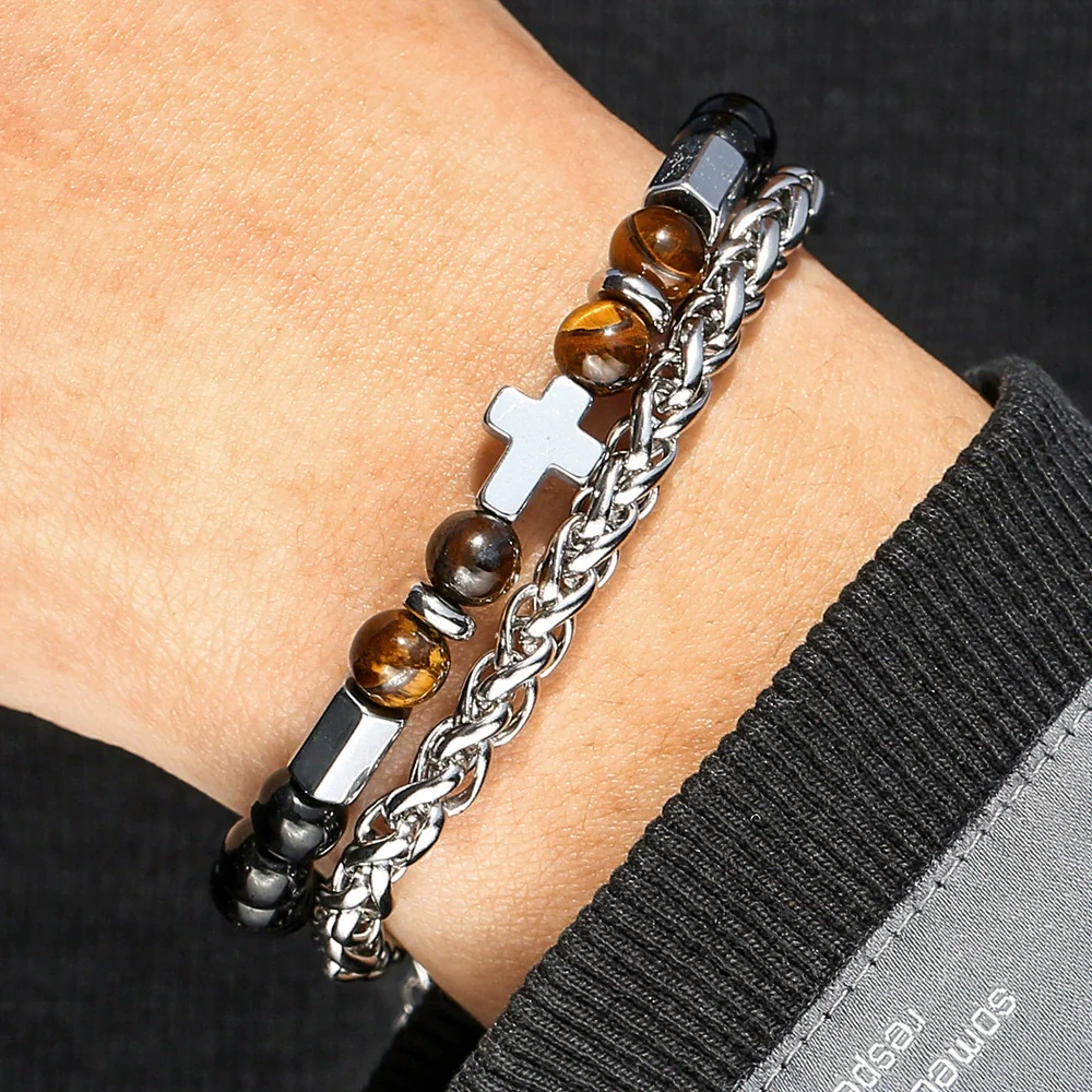 Wholesale Handmade Stainless Steel Bracelet With Black Onyx Tiger Eye Stone Black Gallstone Cross For Men - Image 4