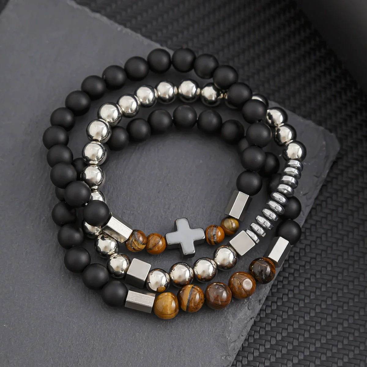 Wholesale Handmade Stainless Steel Bracelet With Black Onyx Tiger Eye Stone Black Gallstone Cross For Men - Image 47
