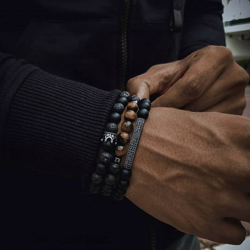 Wholesale Handmade Stainless Steel Bracelet With Black Onyx Tiger Eye Stone Black Gallstone Cross For Men - Image 58