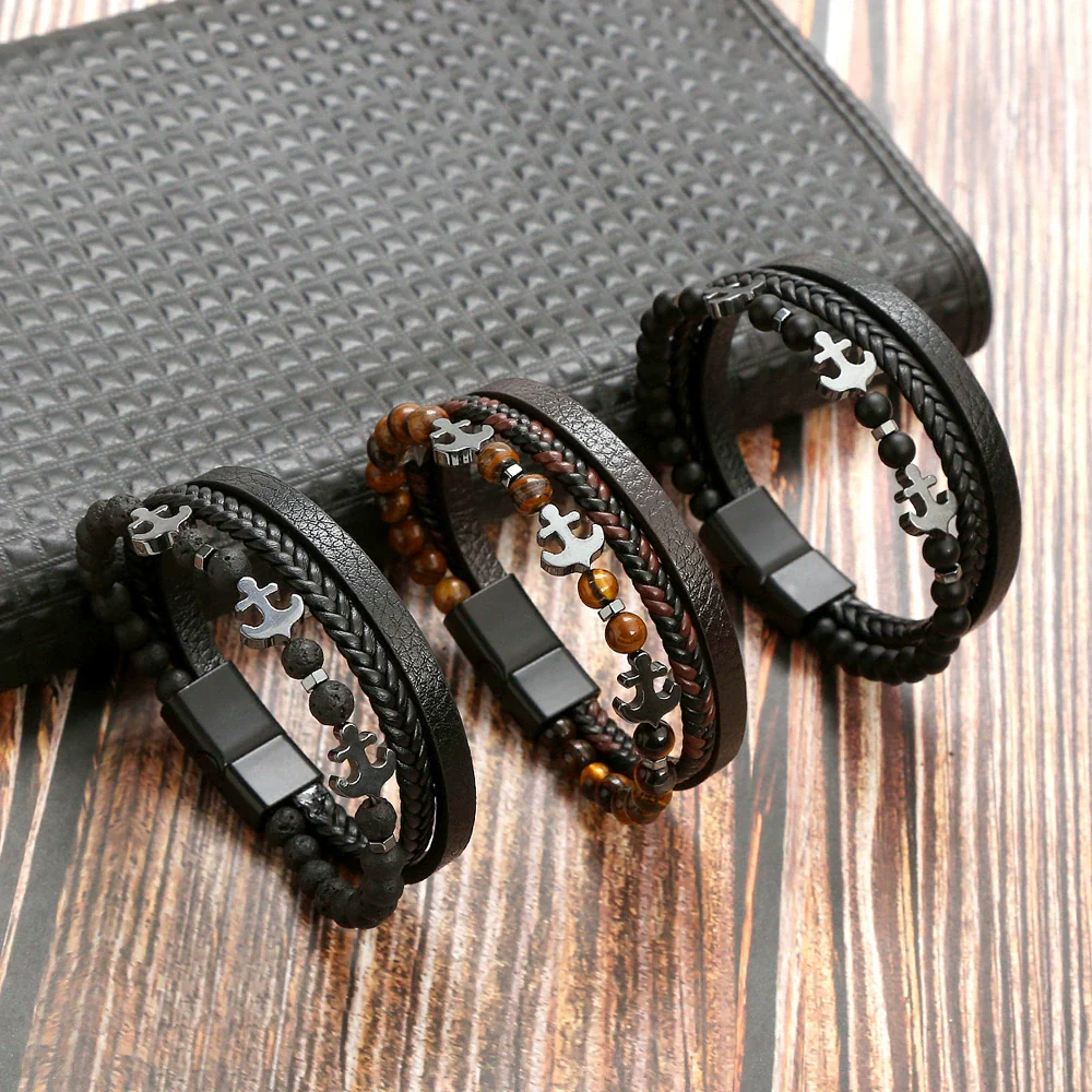 Wholesale Handmade Stainless Steel Geometric Natural Stone Bracelets For Men