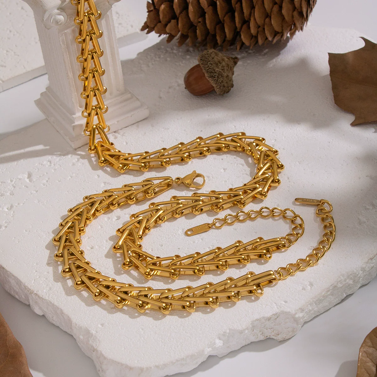 Wholesale Handmade Stainless Steel Geometric Staircase Necklace And Bracelet Set For Women - Image 4