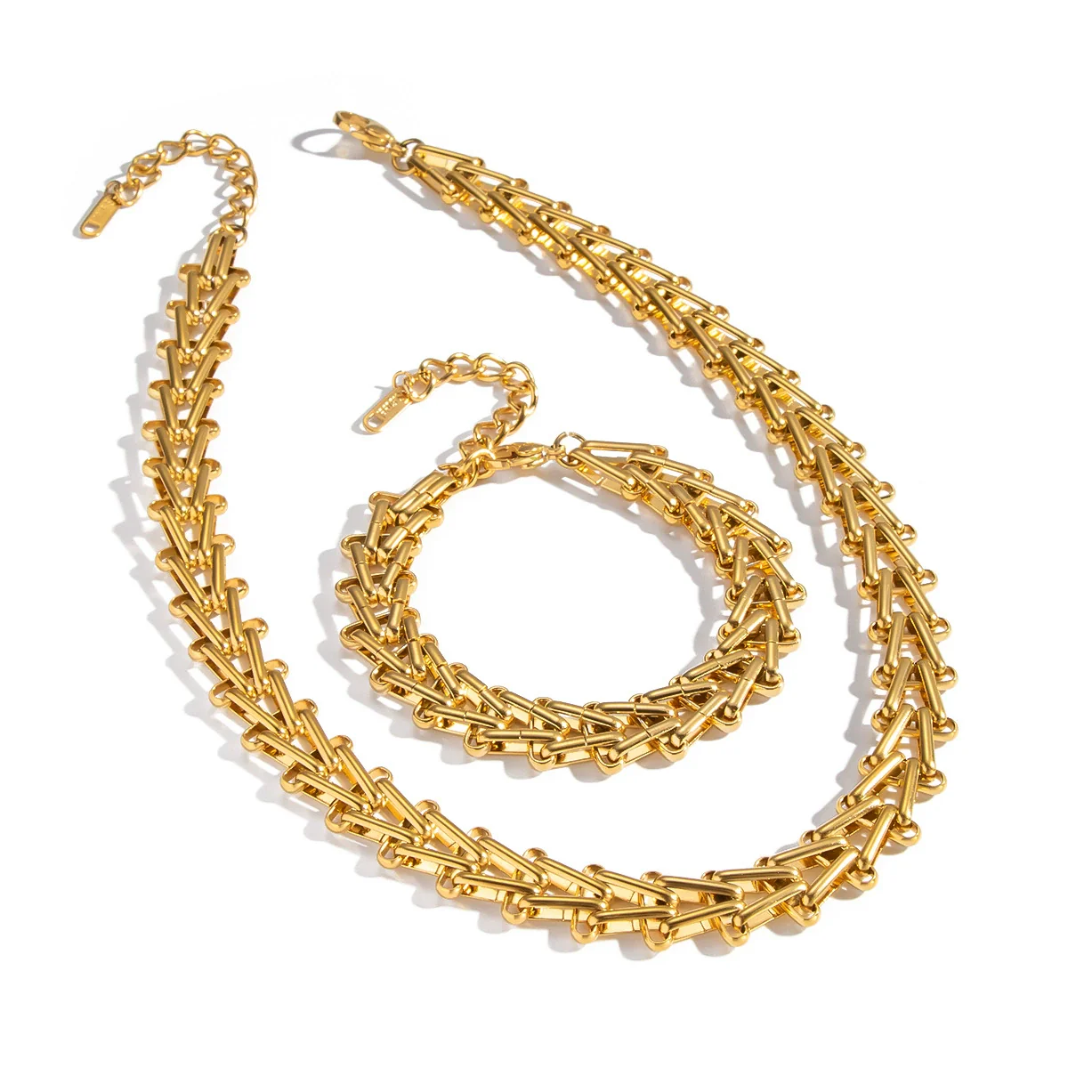 Wholesale Handmade Stainless Steel Geometric Staircase Necklace And Bracelet Set For Women - Image 5