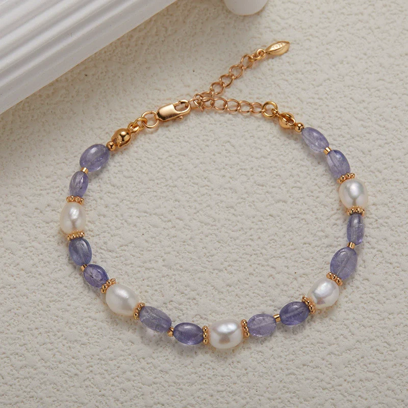 Wholesale Handmade Women's Bracelet S925 Sterling Silver Natural Tanzanite Pearl Geometric Design