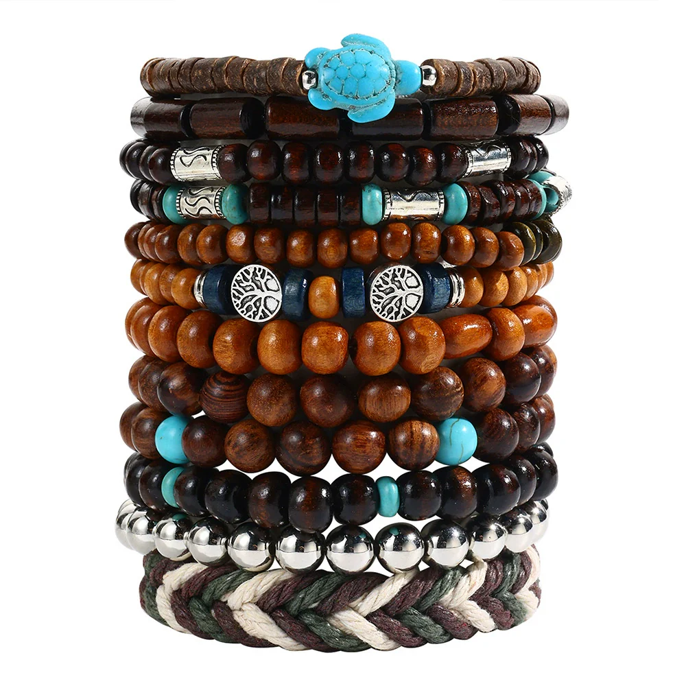 Wholesale Handmade Wooden Beads Alloy Multilayer Elastic Geometric Unisex Bracelet - Image 13