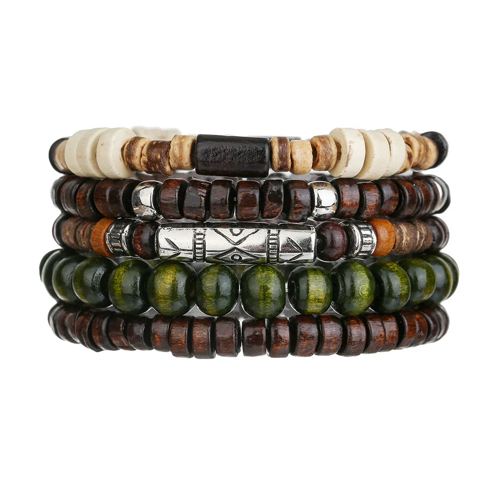 Wholesale Handmade Wooden Beads Alloy Multilayer Elastic Geometric Unisex Bracelet - Image 2