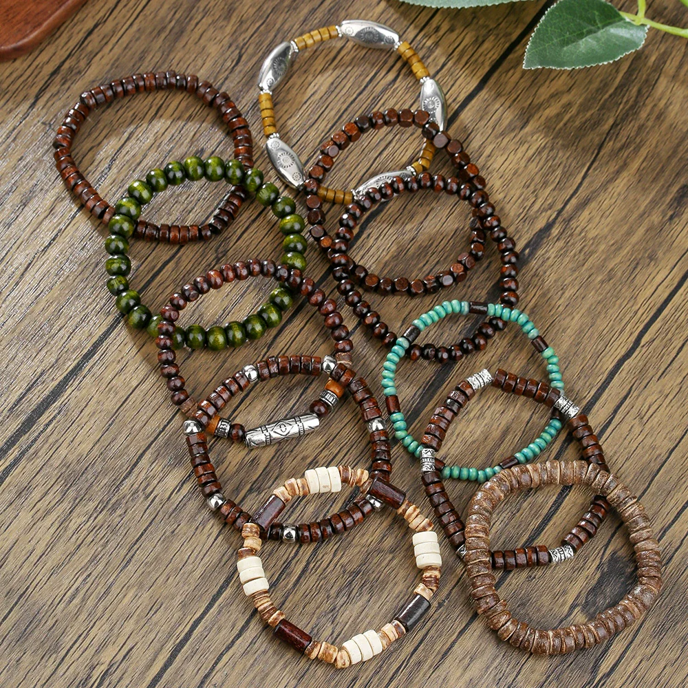 Wholesale Handmade Wooden Beads Alloy Multilayer Elastic Geometric Unisex Bracelet - Image 3