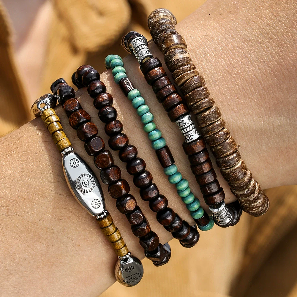 Wholesale Handmade Wooden Beads Alloy Multilayer Elastic Geometric Unisex Bracelet - Image 4