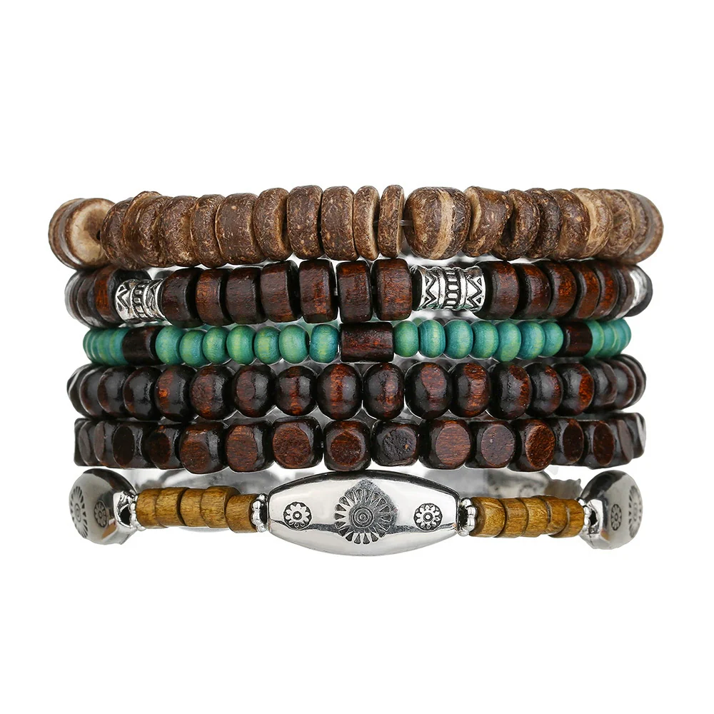 Wholesale Handmade Wooden Beads Alloy Multilayer Elastic Geometric Unisex Bracelet - Image 7