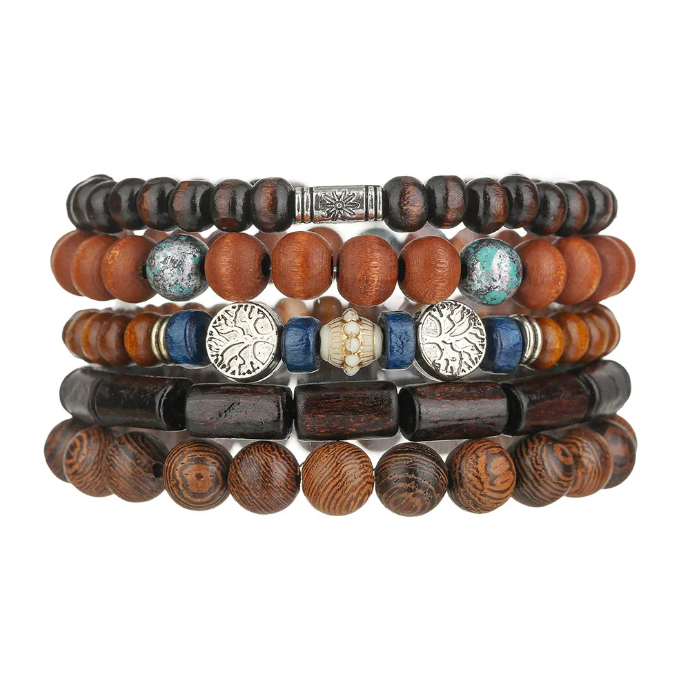 Wholesale Handmade Wooden Beads Alloy Multilayer Elastic Geometric Unisex Bracelet - Image 8