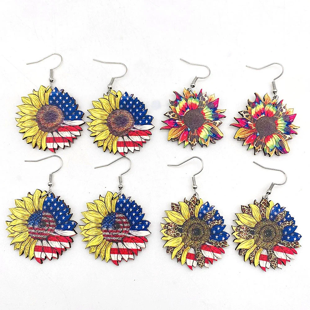 Wholesale Handmade Wooden Women's Earrings With Sunflower And Leopard Pattern Geometric And Drop Shaped Design