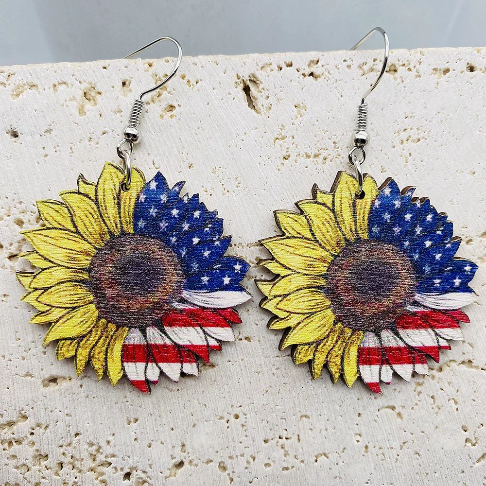Wholesale Handmade Wooden Women's Earrings With Sunflower And Leopard Pattern Geometric And Drop Shaped Design - Image 2