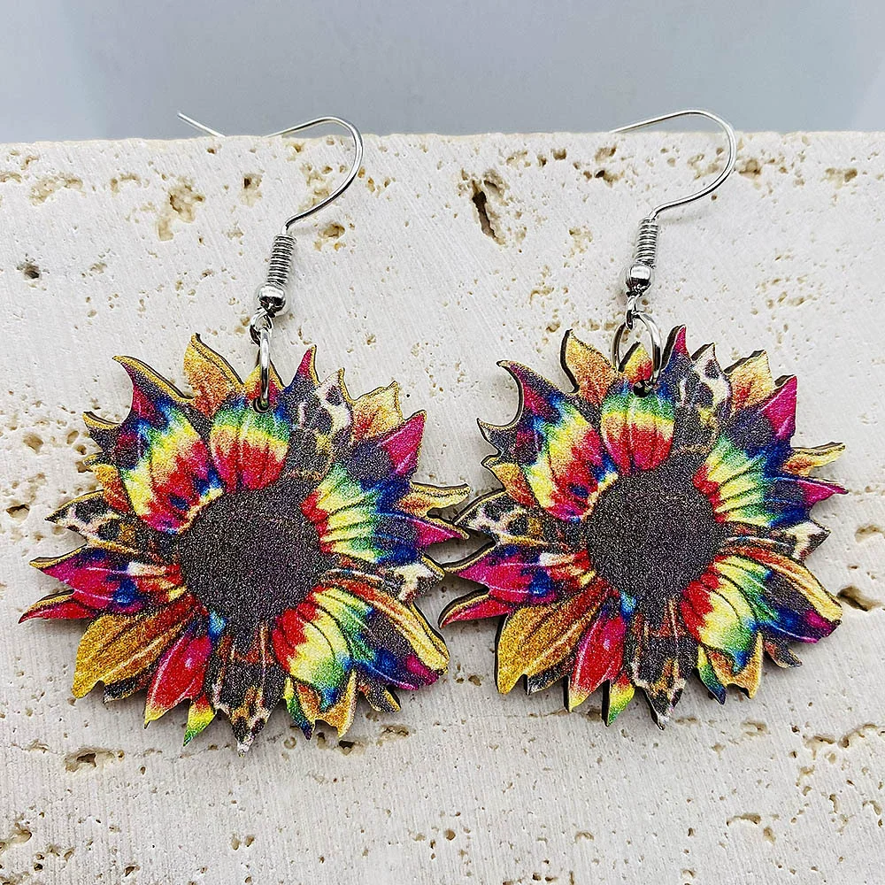 Wholesale Handmade Wooden Women's Earrings With Sunflower And Leopard Pattern Geometric And Drop Shaped Design - Image 4