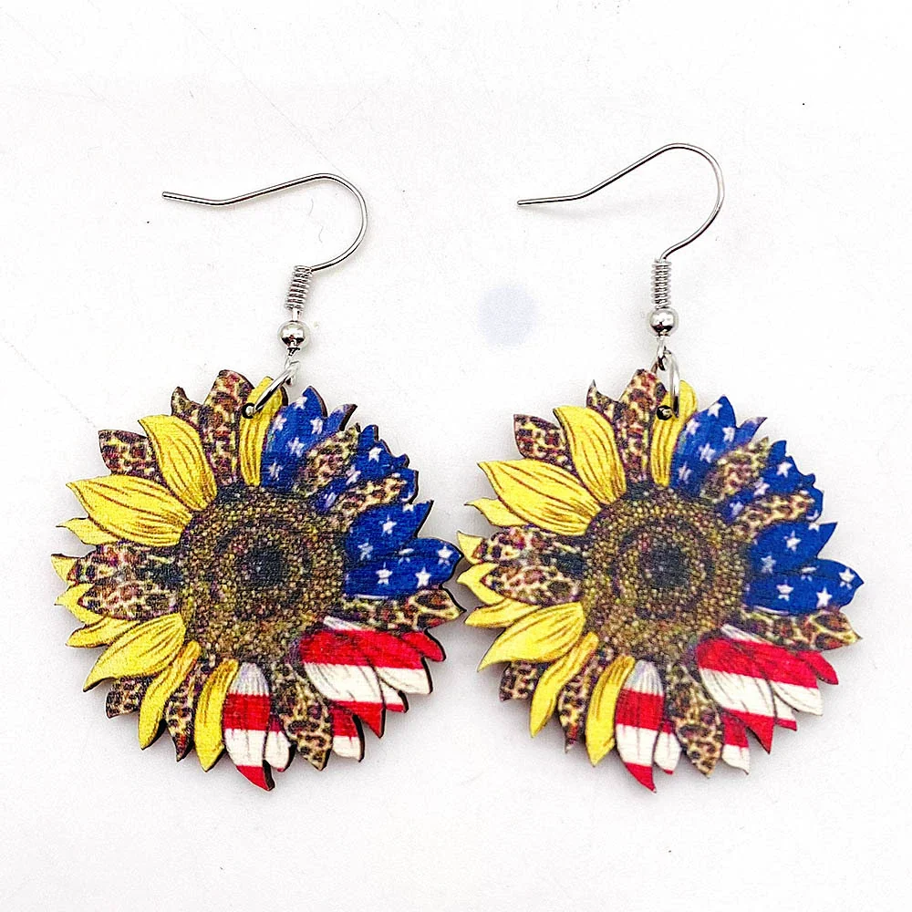Wholesale Handmade Wooden Women's Earrings With Sunflower And Leopard Pattern Geometric And Drop Shaped Design - Image 5
