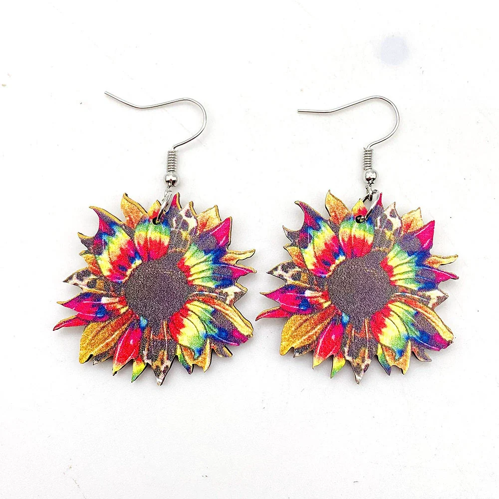 Wholesale Handmade Wooden Women's Earrings With Sunflower And Leopard Pattern Geometric And Drop Shaped Design - Image 7