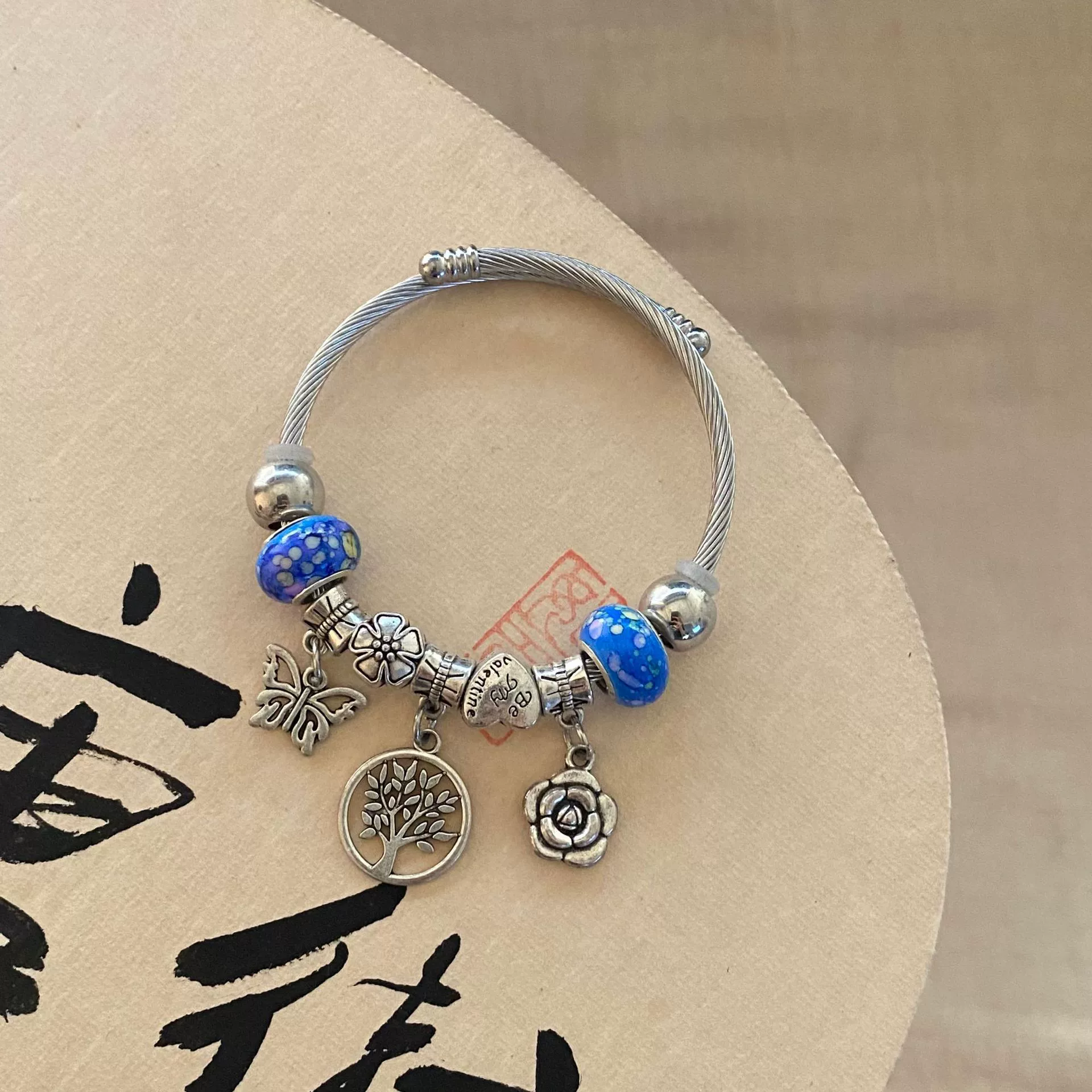 Wholesale Handpainted Stainless Steel Tree Of Life Beaded Open Bracelet Electroplated Jewelry For Women