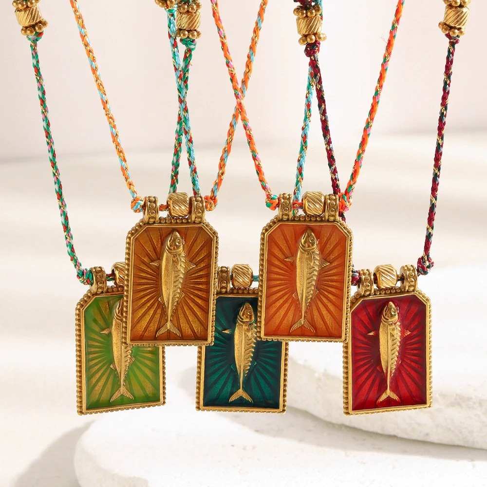Wholesale Handwoven Colored Rope Geometric Stainless Steel 18K Gold Electroplated Tarot Necklace For Women