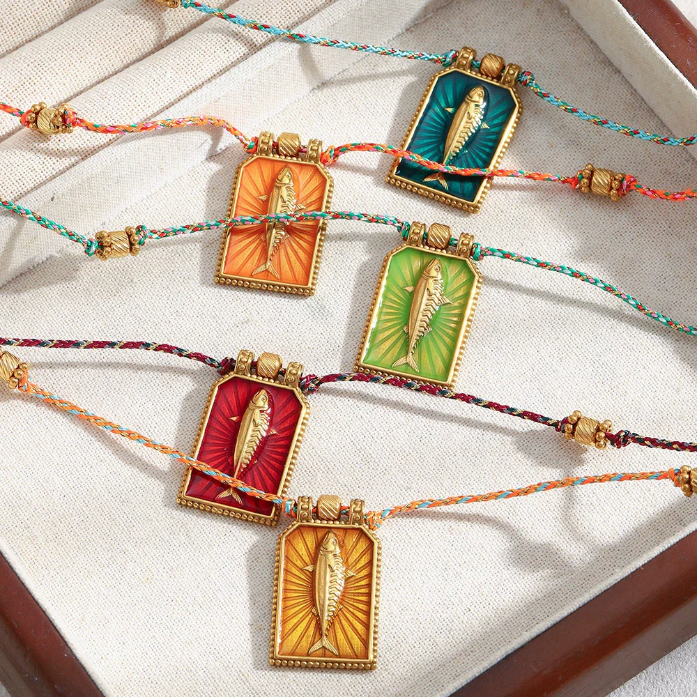 Wholesale Handwoven Colored Rope Geometric Stainless Steel 18K Gold Electroplated Tarot Necklace For Women - Image 3