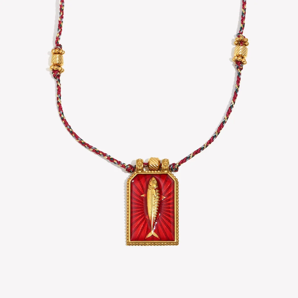 Wholesale Handwoven Colored Rope Geometric Stainless Steel 18K Gold Electroplated Tarot Necklace For Women - Image 5