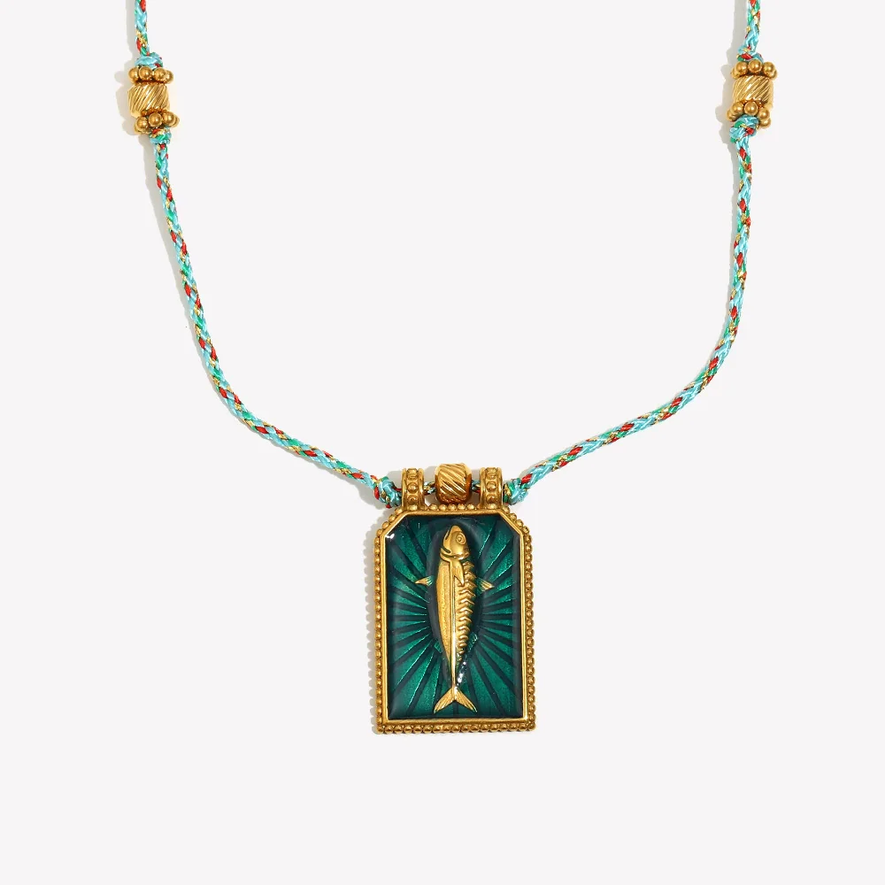 Wholesale Handwoven Colored Rope Geometric Stainless Steel 18K Gold Electroplated Tarot Necklace For Women - Image 6
