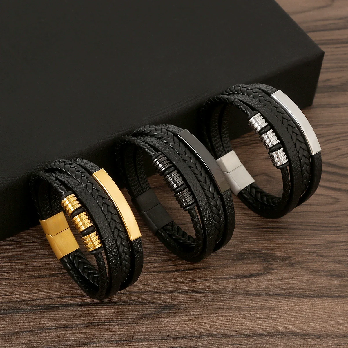 Wholesale Handwoven Leather Bracelets With Stainless Steel Magnet Buckles And Geometric Pattern For Men Electroplated Jewelry