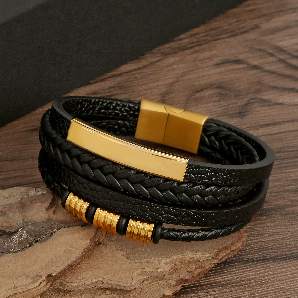 Wholesale Handwoven Leather Bracelets With Stainless Steel Magnet Buckles And Geometric Pattern For Men Electroplated Jewelry - Image 3
